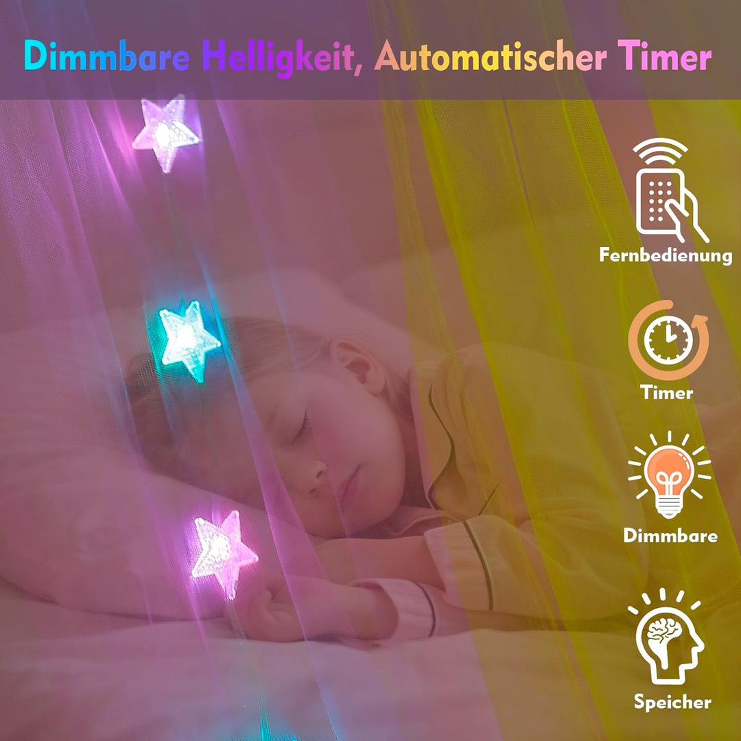 Regenbogen Betthimmel Mädchen mit Lichtern, 24 Farben Himmelbett Vorhänge LED-Stern Fee Lichter Prin