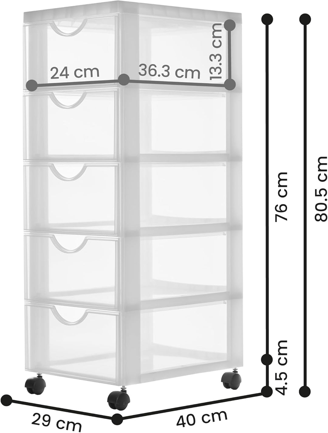 Iris Ohyama Kunststoff-Schubladenbox mit Rollen, 5 tiefen Schubladen, Mattweiss, Griffe zum Ziehen,