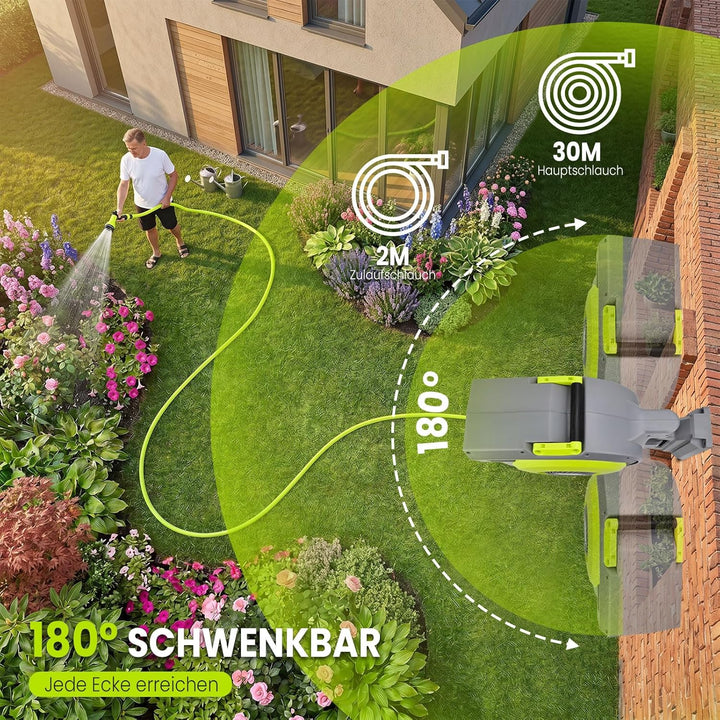 Wand-Schlauchbox, Schlauchtrommel Wasser 30m+2m, 180° Schwenkbar Automatischer Gartenschlauch tromme