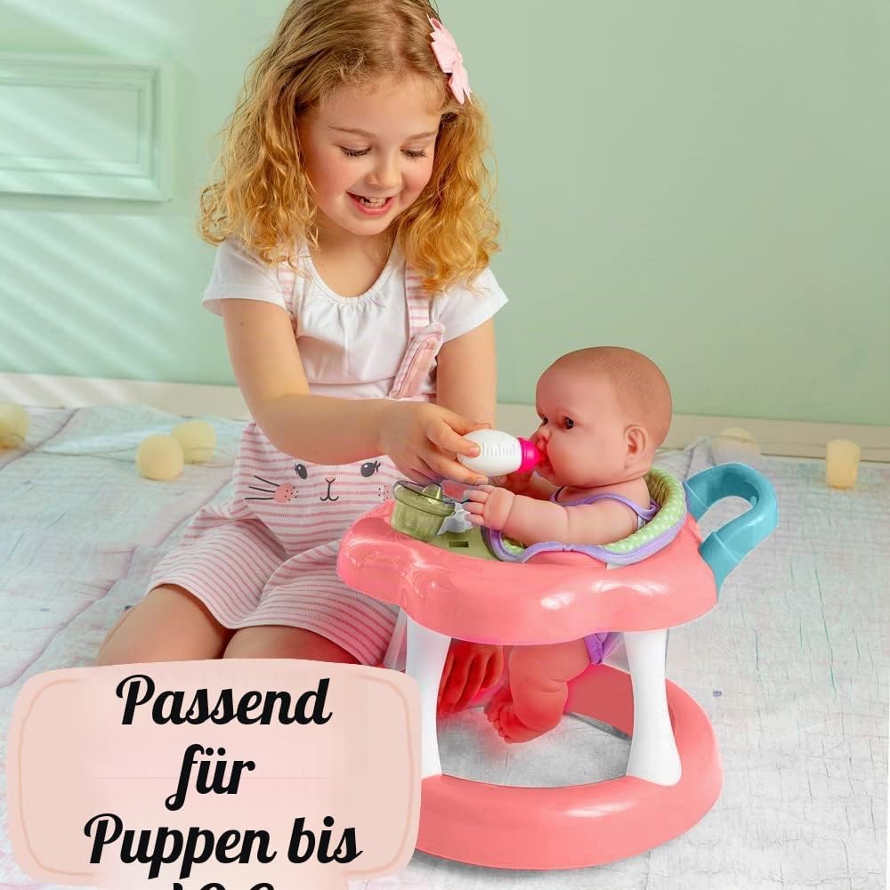 JC Toys - Rollator für Puppen bis 43 cm, mit Rädern, + 6 Zubehörteile, Rosa, ab 2 Jahren