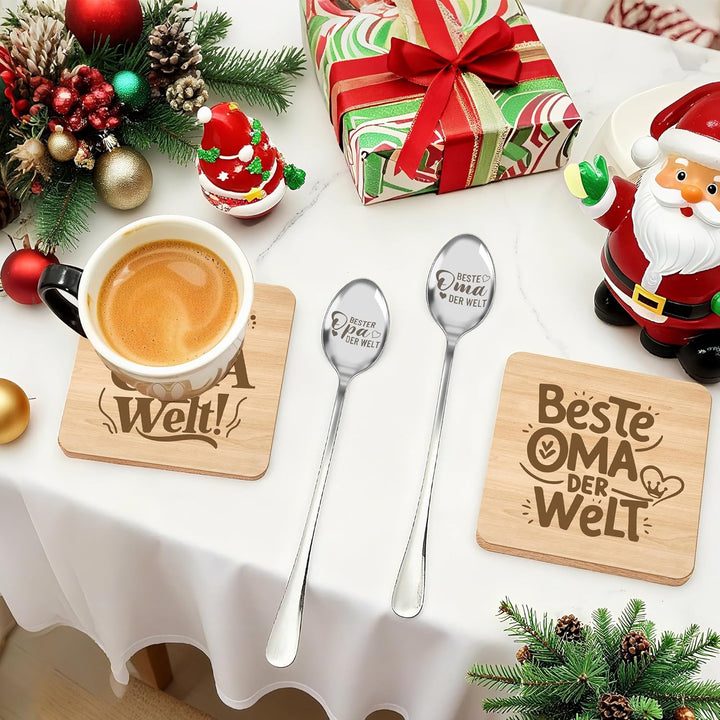 Geschenk für Oma und Opa – 2 Holz-Servierbretter, 2 Holzuntersetzer, 2 Edelstahl-Löffel, 2 Schlüssel