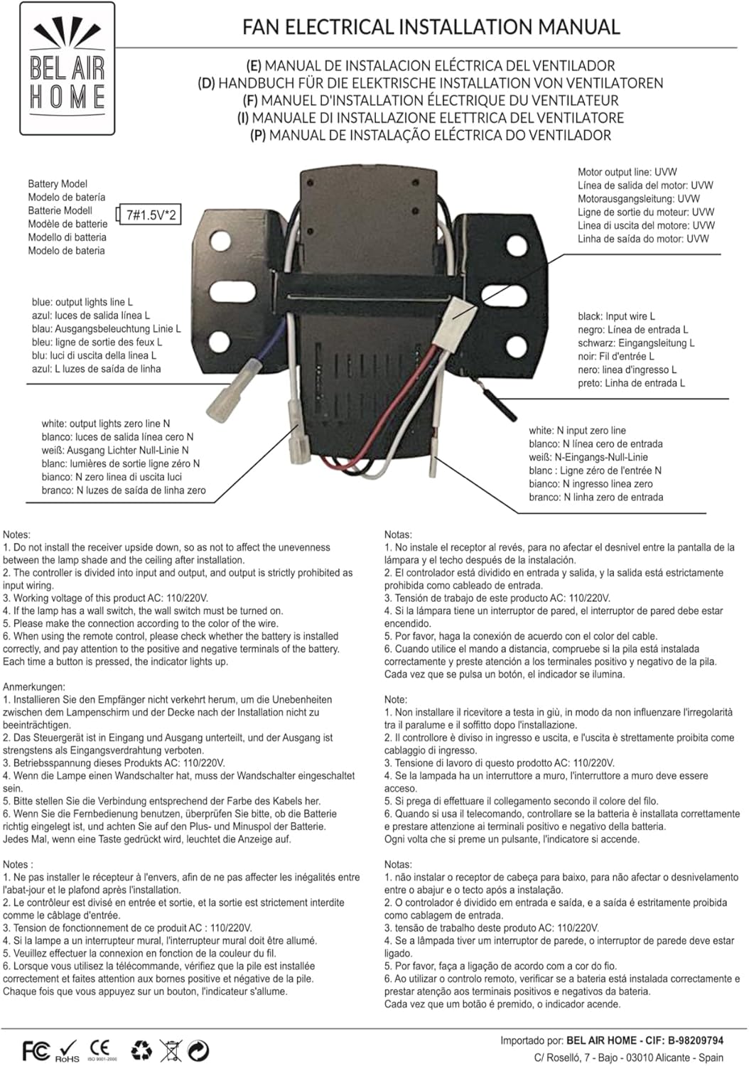 Bel Air Home - Fernbedienung und Controller Set für Gleichstrommotor Lüfter - KIT RADIOFREQUENZ, Ein