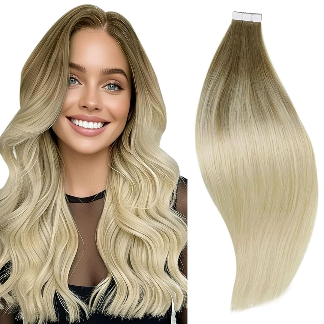 RUNATURE Tape Extensions Echthaar 50cm Balayage Braun Ombre Blond Unsichtbarer Tape in Haarverlänger