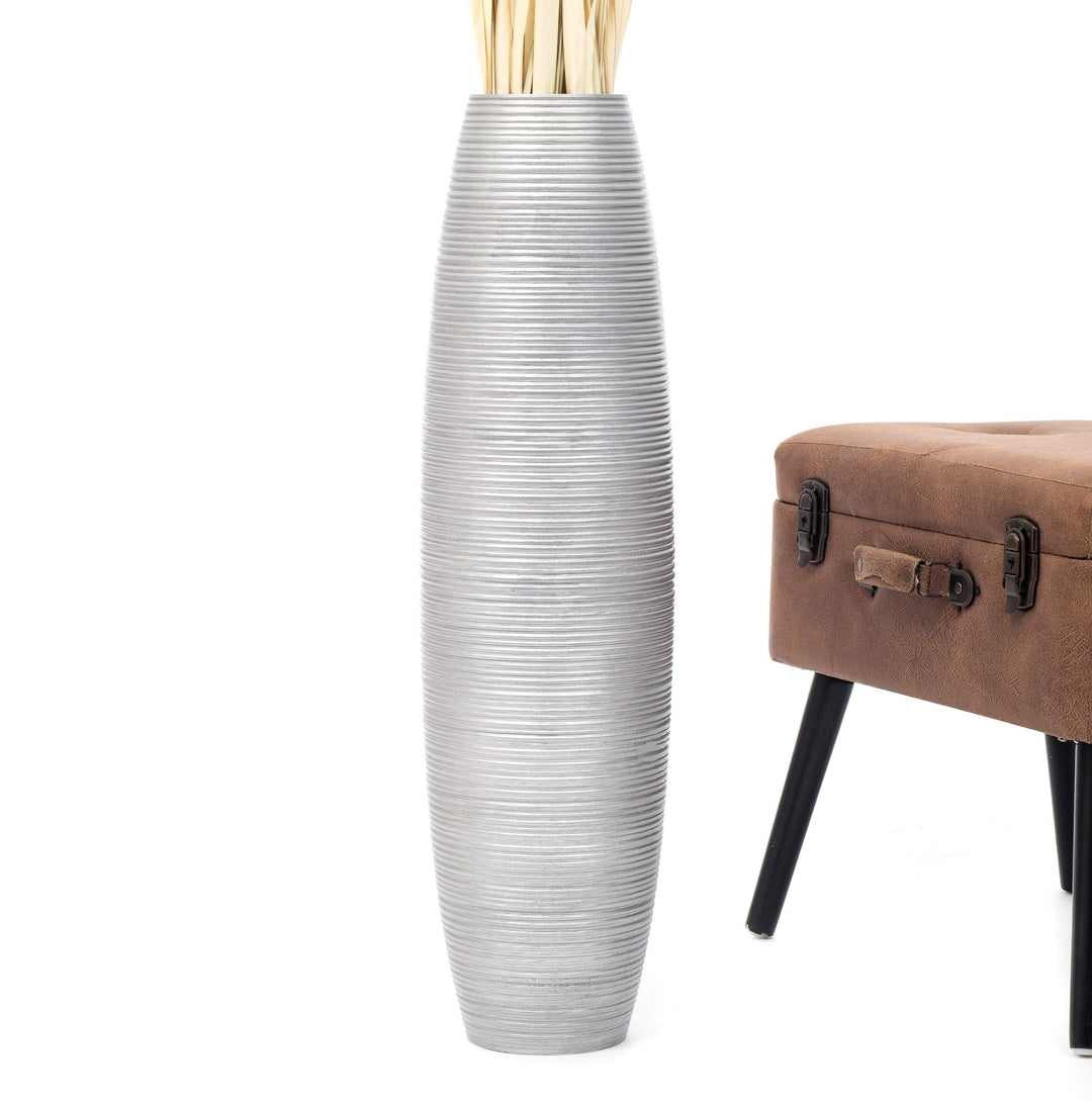 Leewadee Grosse Bodenvase für Dekozweige hohe Standvase Design Holzvase, Holz, 70 cm, Silber 70 cm S