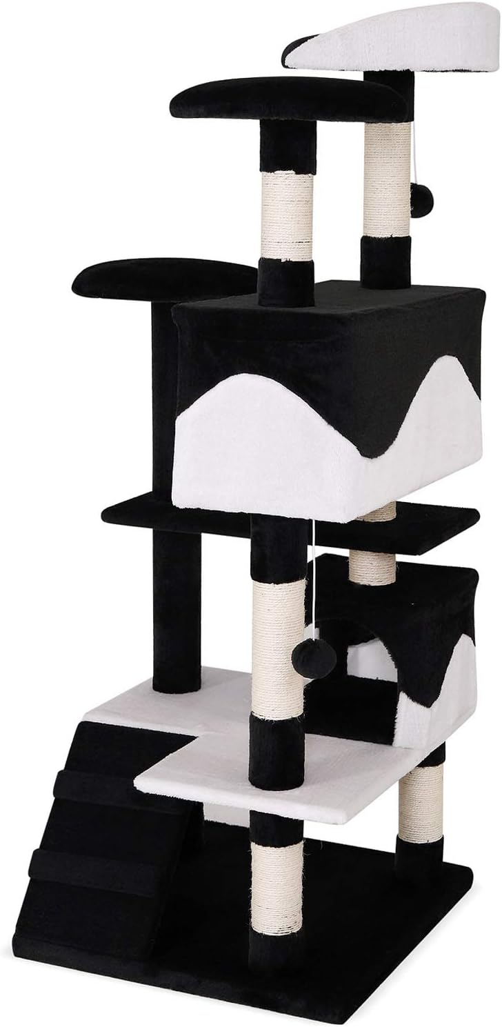 lionto Kratzbaum für Katzen mit 2 Plüschbällen & 3 Plattformen, Höhe 130 cm, Katzenbaum mit Sisal &