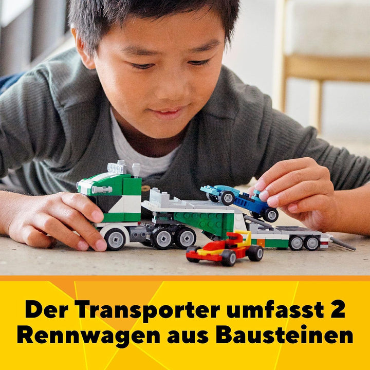 LEGO 31113 Creator 3-In-1 Rennwagentransporter Spielzeug LKW mit Anhänger, Kran und Boot, Rennwagen