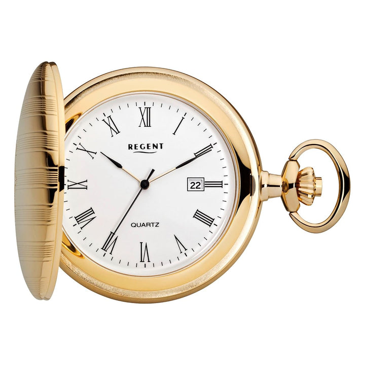 Regent Herren Taschenuhr Savonnette Klappdeckel 47 MM Quarz Weisses Zifferblatt Römische Zahlen Datu
