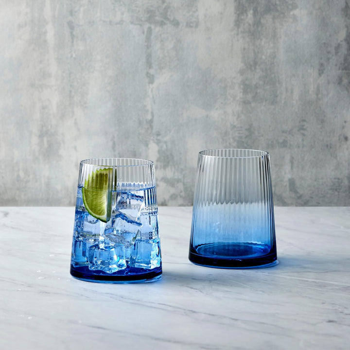 Set mit 2 Empire Blue DOF-Bechern – elegante blaue doppelte altmodische Gläser Tumblergläser Blau, T