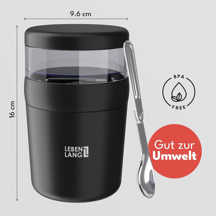 LEBENLANG 650ml Müslibecher To Go mit Löffel - Mit Isolierender Edelstahlinnenwand I Müslibox Joghur