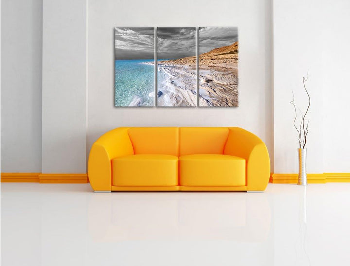 Pixxprint Das Tote Meer bei Tag Schwarz/Weiss 3-Teiler Leinwandbild 120x80 Bild auf Leinwand