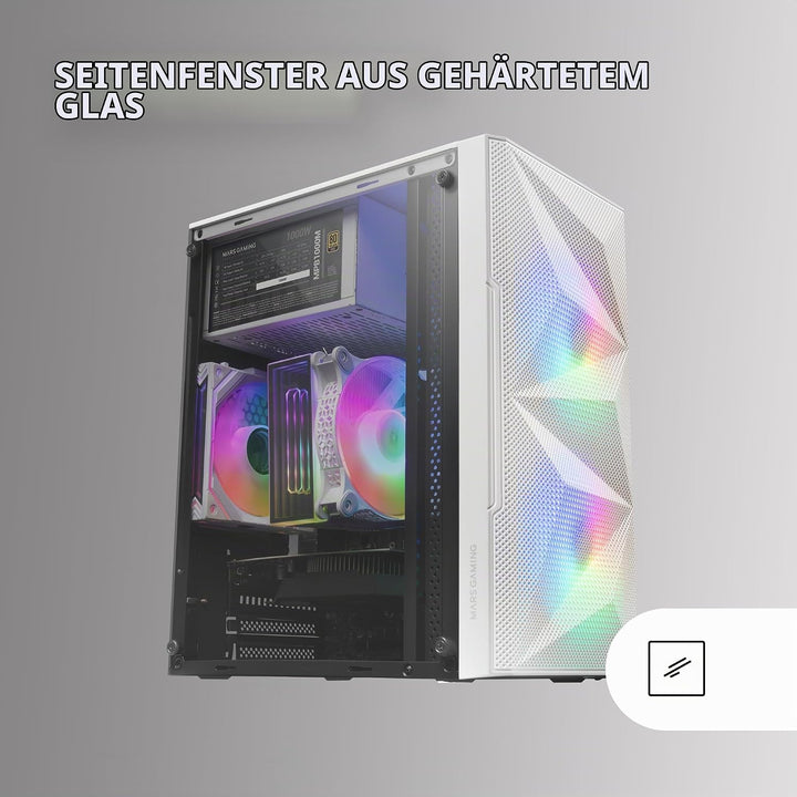 Mars Gaming MC-ME Weiss, Kompaktes MicroATX-Gaming-Gehäuse, Seitenfenster aus Gehärtetem Glas, Geome