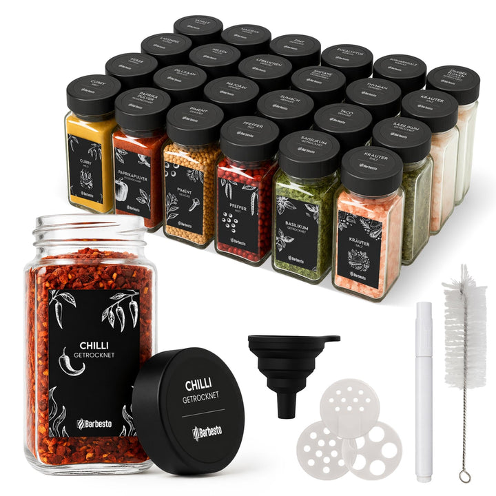 CLP Gewürzgläser eckig 24er Set (120ml), Gewürzstreuer klein mit Streueinsätzen und Etiketten, inkl.
