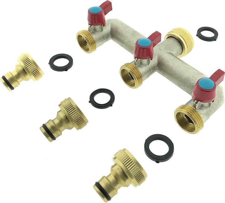 3-Wege Messing Wasserhahn Verteiler 3/4" Wasserverteiler 3er Gartenschlauch Adapter 1/2"