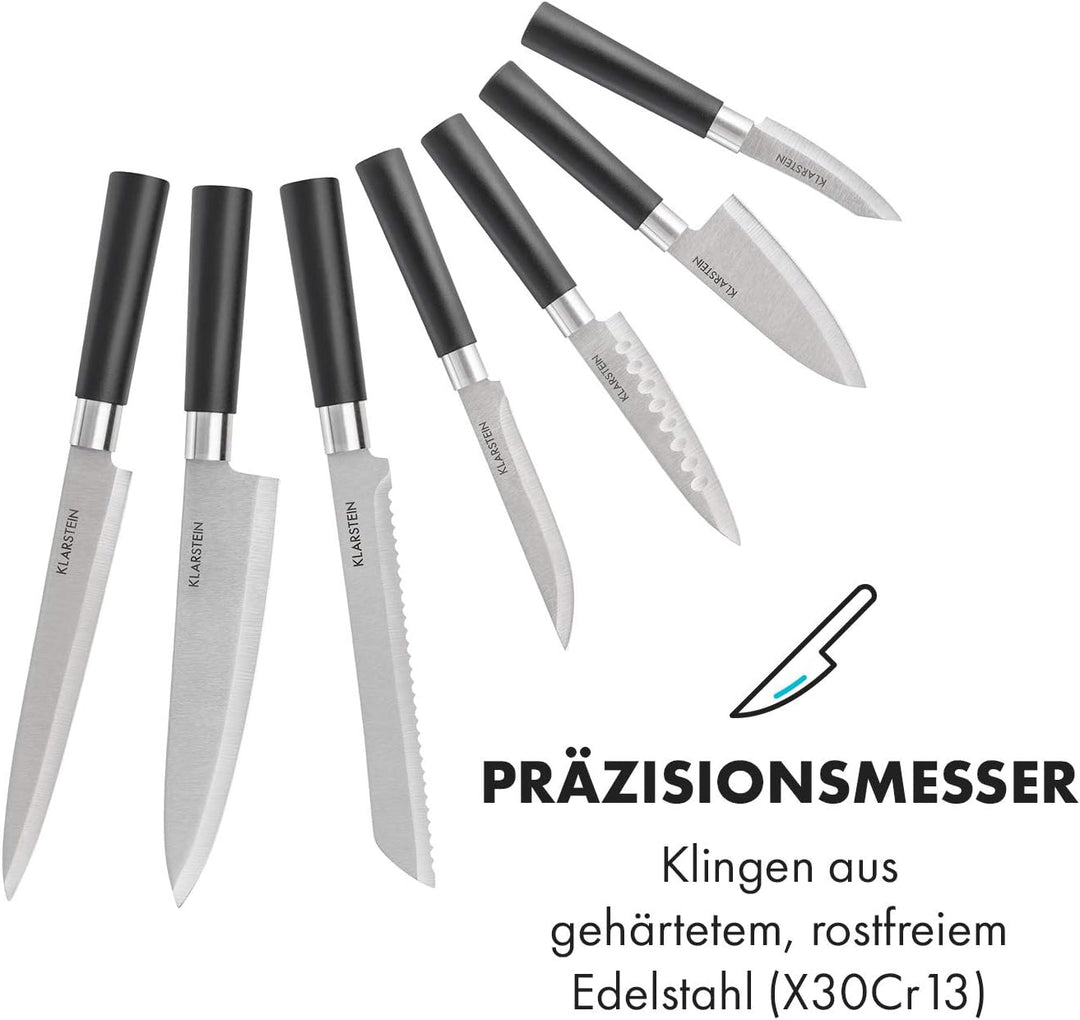 Klarstein Kitano Plus Messer-Set - 9 tlg. Set mit Holzblock und Bambus-Schneidebrett, 7 Präzisionskl