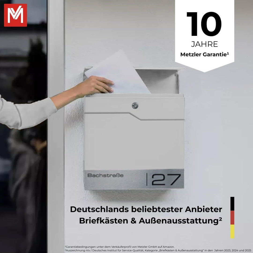 Metzler Briefkasten Weiss 2 Parteien mit Zeitungsfach und Hausnummer – Wandbriefkasten mit Zwei Name