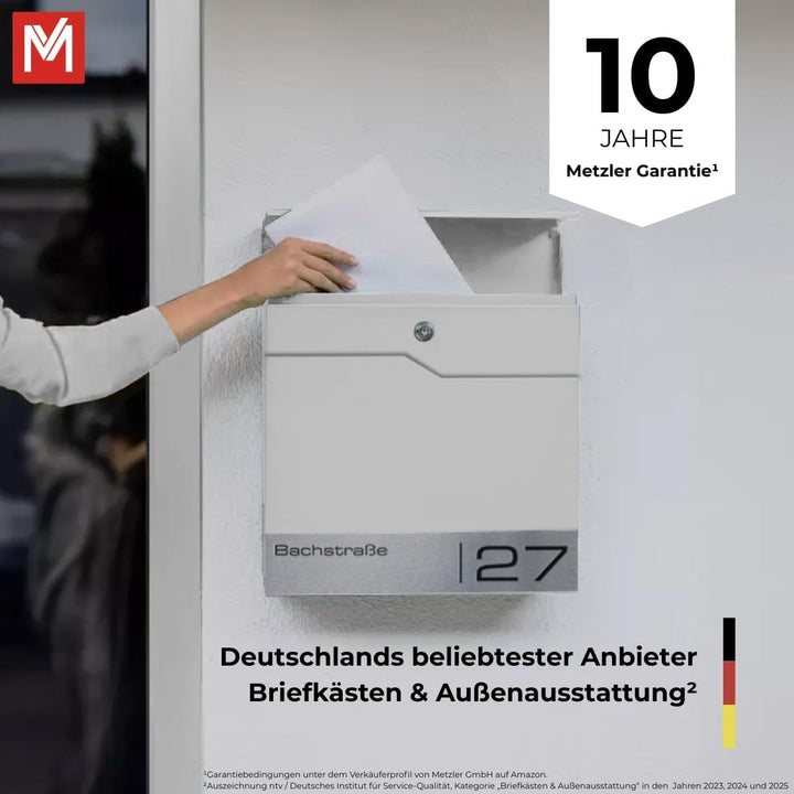 Metzler Briefkasten Weiss 2 Parteien mit Zeitungsfach und Hausnummer – Wandbriefkasten mit Zwei Name