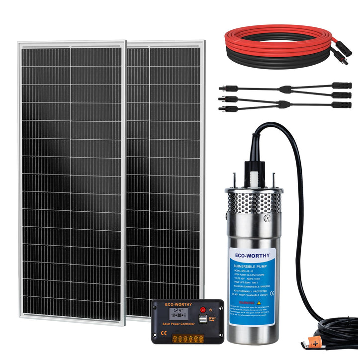 DCHOUSE 200W Solar Tiefbrunnen-Tauchpumpen Kit mit 12V Solarwasserpumpe + 2 STÜCKE 100W Solarpanel 1