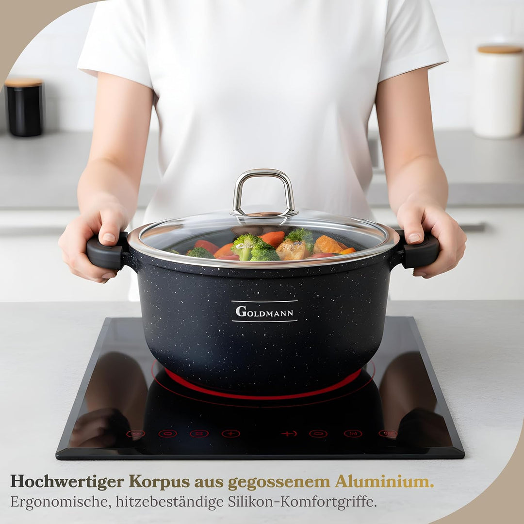 GOLDMANN Premium Gussaluminium Kochtopf 22 CM – 3L – Keramik-Marmor Antihaft-Kasserolle mit Glasdeck
