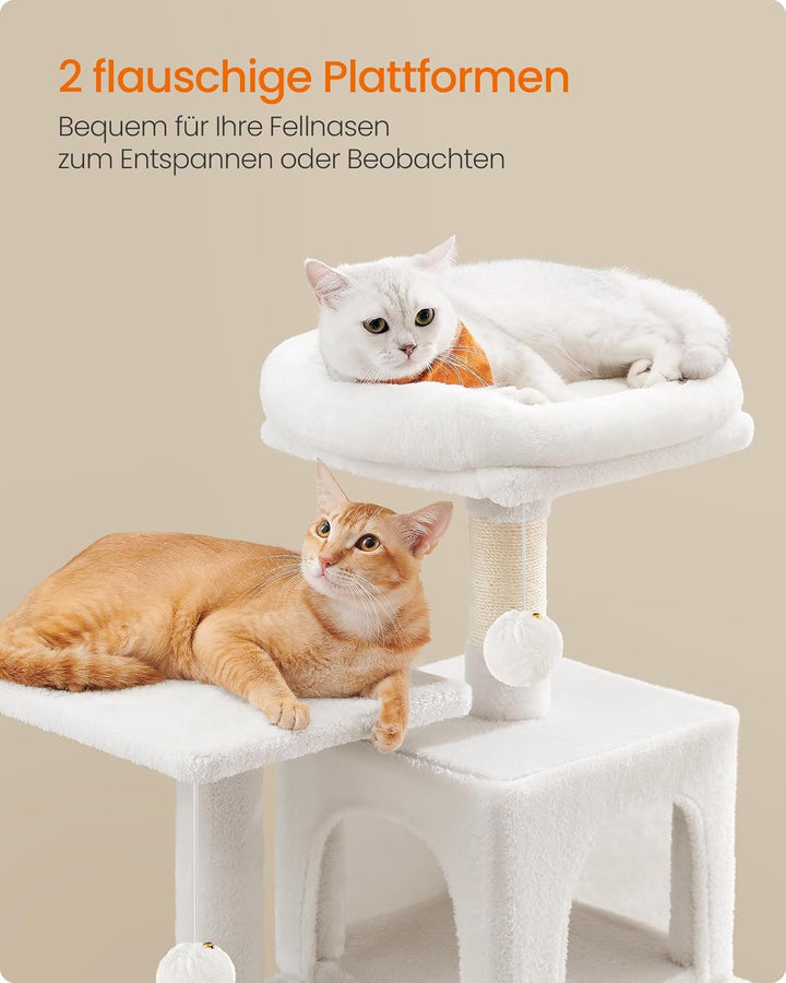 Feandrea Kratzbaum, 112 cm hoch, Katzenbaum, mehrstöckiges Katzenhaus, mit 4 Kratzsäulen, 2 Plattfor