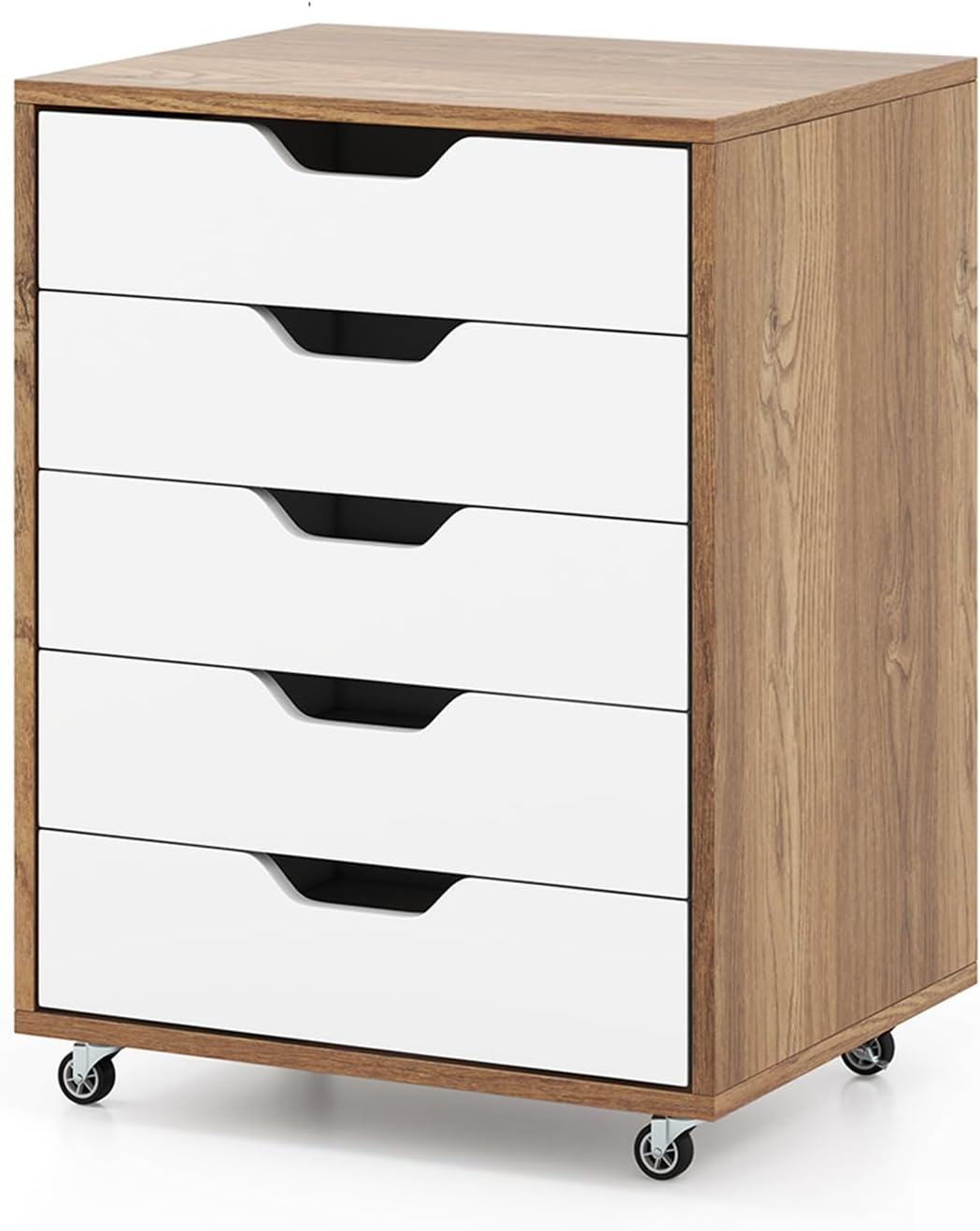 GOPLUS Schubladenschrank mit Rollen, Rollcontainer mit 5 Schubladen, Griffmulden, mobiler Aktenschra