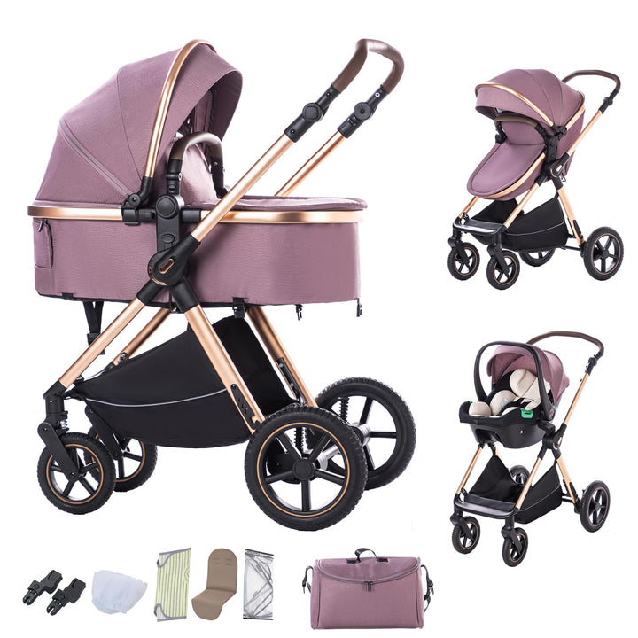 BEBBY Kinderwagen 3 in 1,Kinderwagen Buggy Mit Babyschale,Mit Höhenverstellbarer buggy Komplettset F