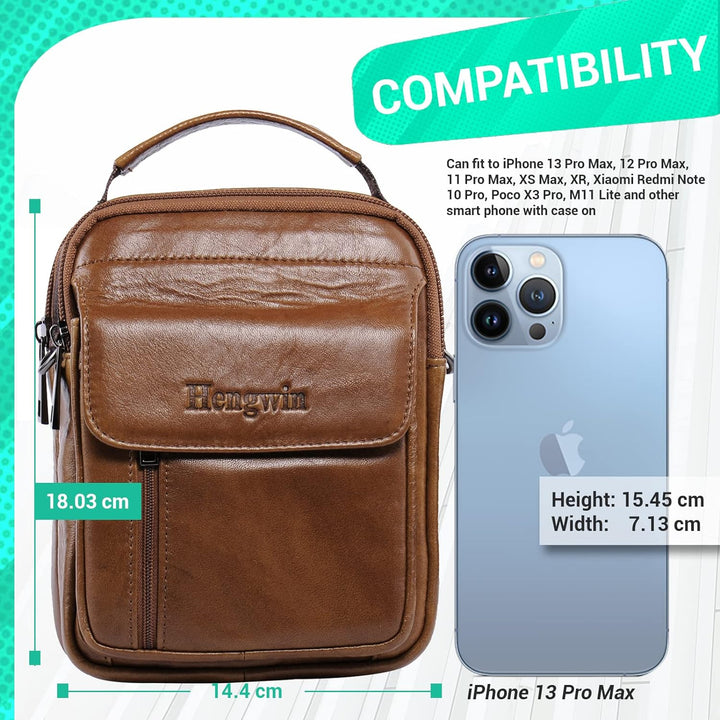 hengwin Leder Schultertaschen Herren, Kleine Umhängetasche Männer Business-Tasche Messenger Bag Hand