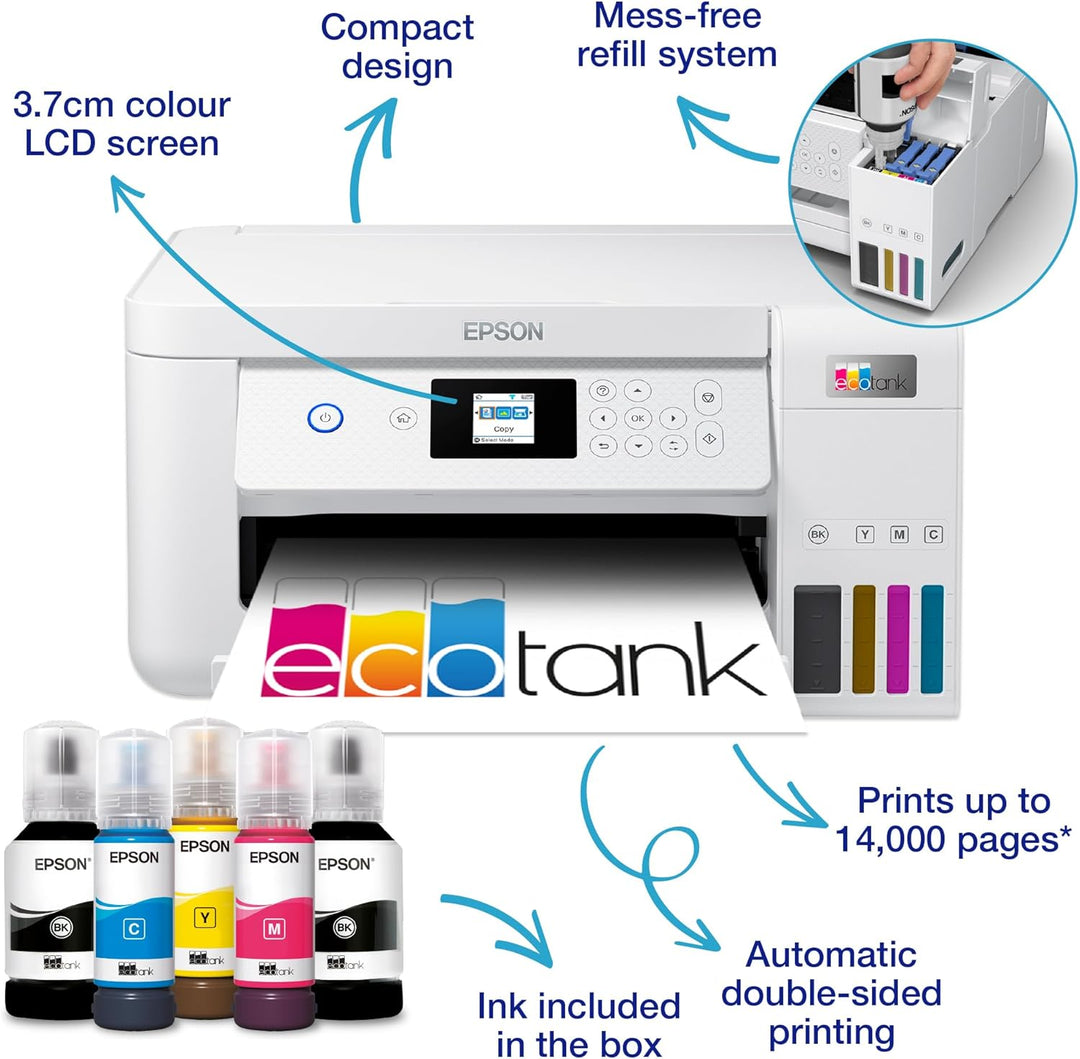 Epson EcoTank ET-2856 Wi-Fi-Tintenpatschendrucker zum Drucken, Scannen und Kopieren, inklusive Tinte