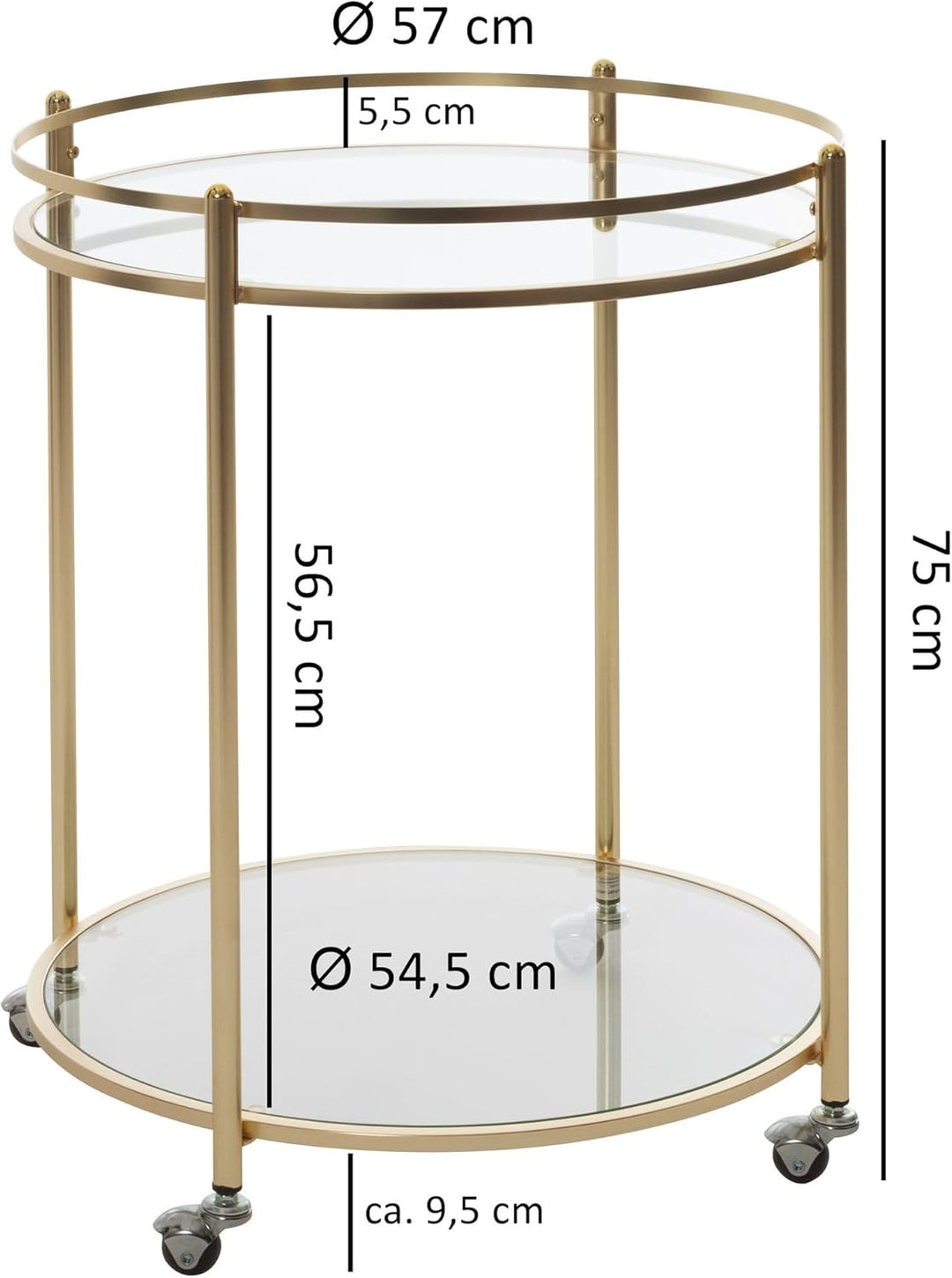 Wohnling Design Servierwagen Gold Ø 57 cm Beistelltisch, Teewagen Metall mit Rollen, Küchenwagen mit