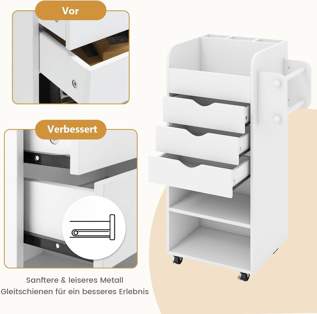 COSTWAY Rollcontainer mit 3 Schubladen, Bastelwagen mit 2 Rollstangen & 3 Fächern, Schubladenschrank