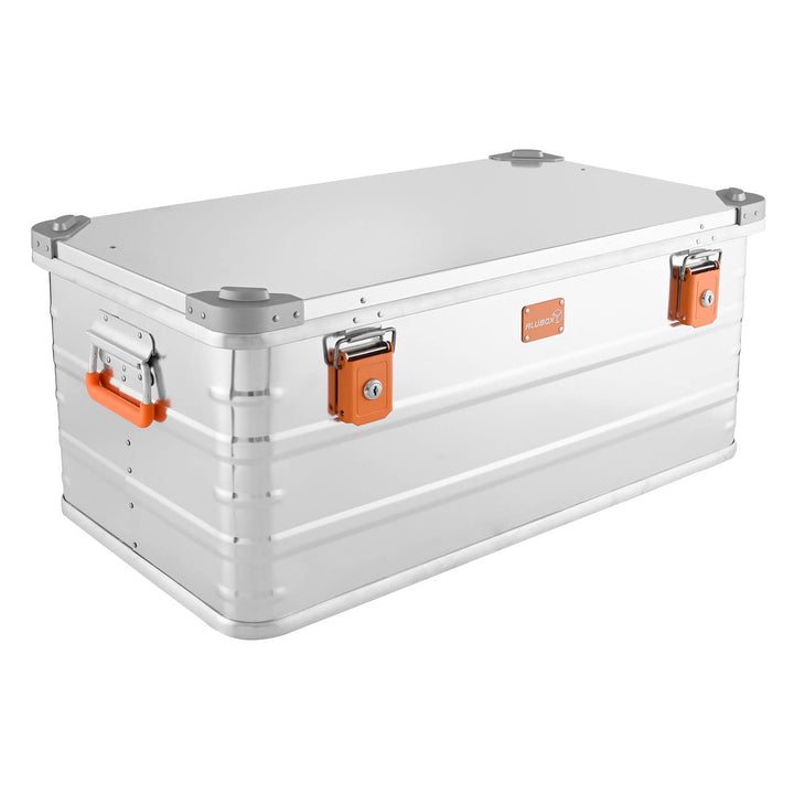 ALUBOX Alukiste abschliessbar E92 - Premium Aluminium Lagerbox 92 Liter - Deckel mit Aluminium Druck