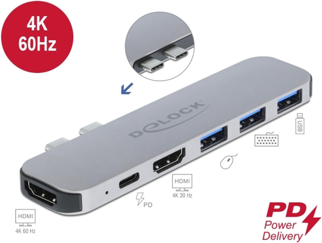 Delock USB C HUB für MacBook, 6-In-1, USB-C Adapter, Thunderbolt 3 Mini Dock, 2 x HDMI 4K, 3X USB 3.