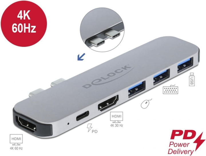 Delock USB C HUB für MacBook, 6-In-1, USB-C Adapter, Thunderbolt 3 Mini Dock, 2 x HDMI 4K, 3X USB 3.