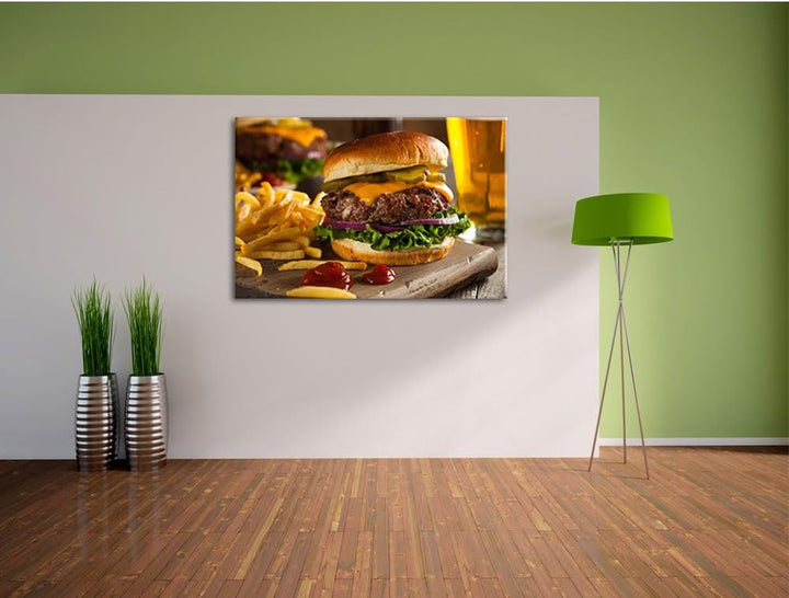 Pixxprint Saftiger Chili Cheese Burger als Leinwandbild/Grösse: 100x70 / Wandbild/Kunstdruck/fertig