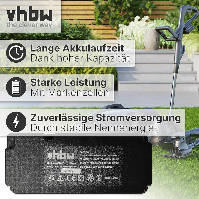 vhbw Akku kompatibel mit Garden Feelings R800Easy Rasenmäher Rasenroboter (2000mAh, 25,2V, Li-Ion)