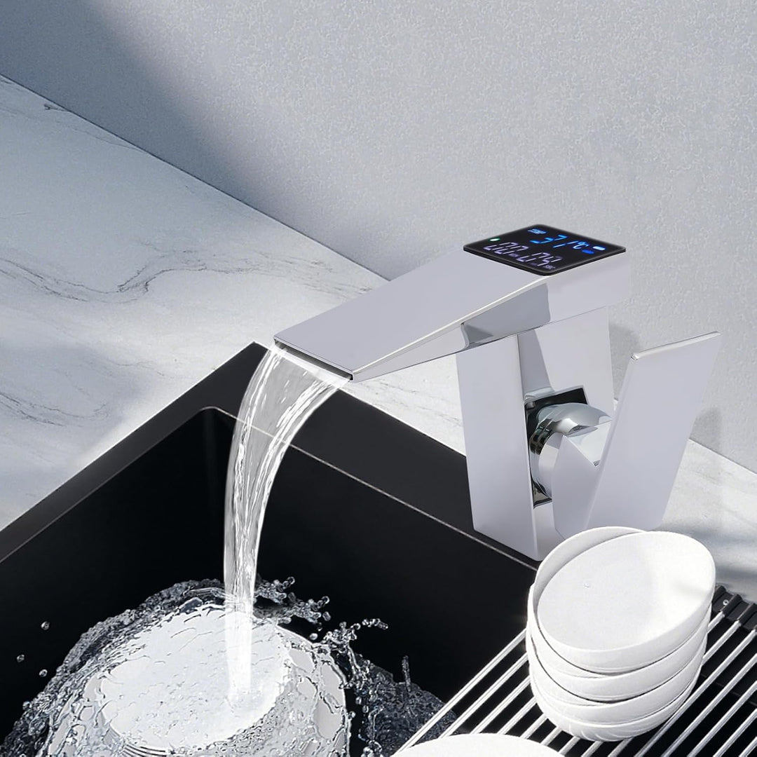Wasserfall Wasserhahn, Armatur Badezimmer mit LED-Anzeige Kalt und heiss Wasser Hydroelektrische Ene