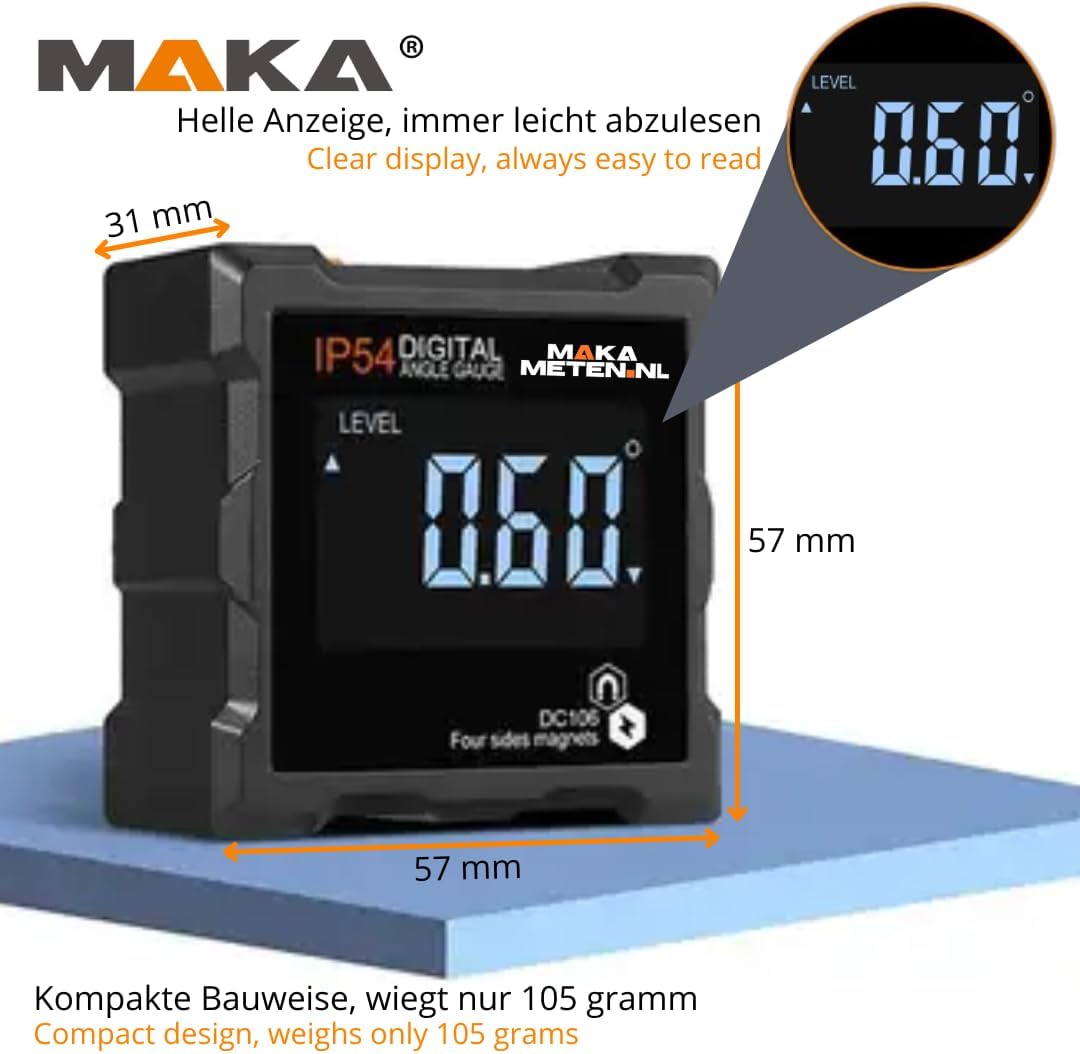 MAKA Digitale Neigungsmesser - Genauigkeit von 0,1° bis 0,2° - Magneten auf allen Seiten - Helles LC