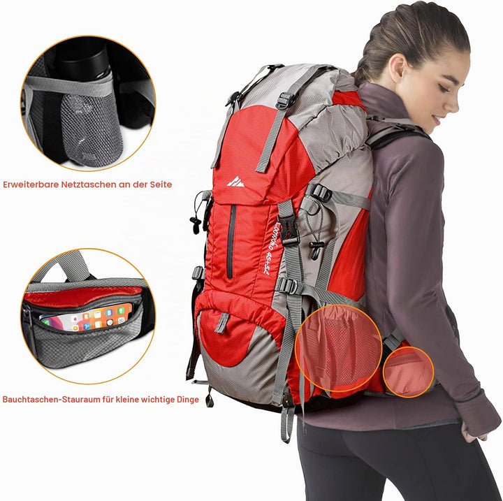 Loowoko 50 l Wanderrucksack, wasserdichte Camping-Essentials-Tasche mit Regenschutz, 45 + 5 Liter le