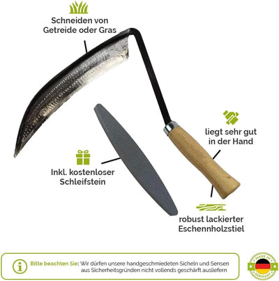 Kleine Sensensichel/Sichel inkl. gratis Schleifstein - mit Holzstiel - für Rechtshänder 14 cm