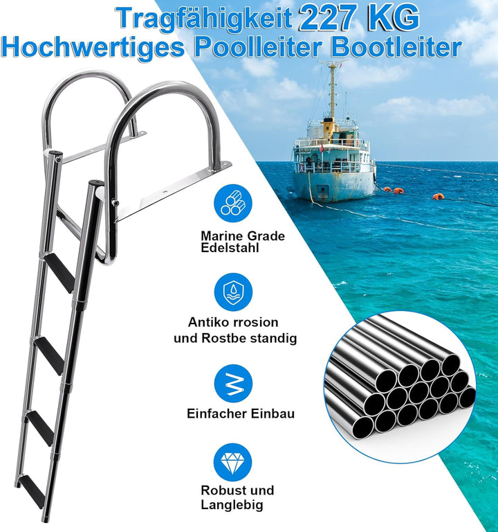 KAOLALI Bootleiter 4 Stufen Poolleiter Edelstahl, Badeleiter Boot Klappbar Teleskop mit Grossen Hand