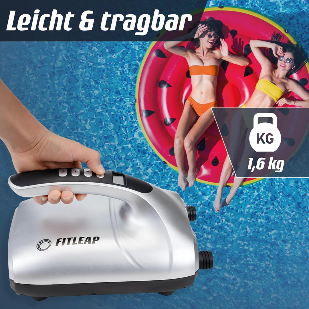 Fitleap SUP Pumpe elektrisch 20 PSI, pumpt das Board in wenigen Minuten auf | Zieldruck am LCD-Displ