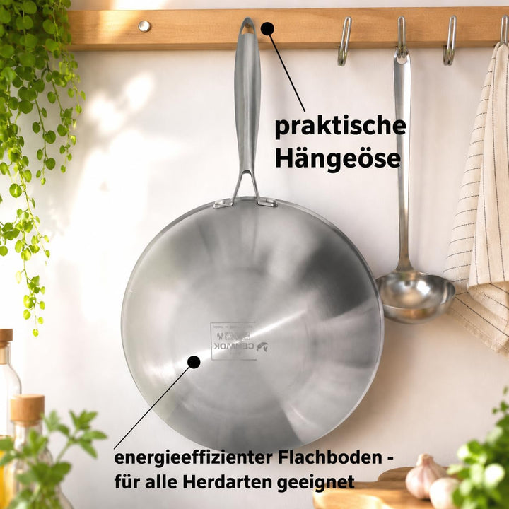 ⌀30 cm Wok Pfanne aus Edelstahl, unbeschichtet &amp; langlebig, 3-lagiges Material für optimale Wärmever