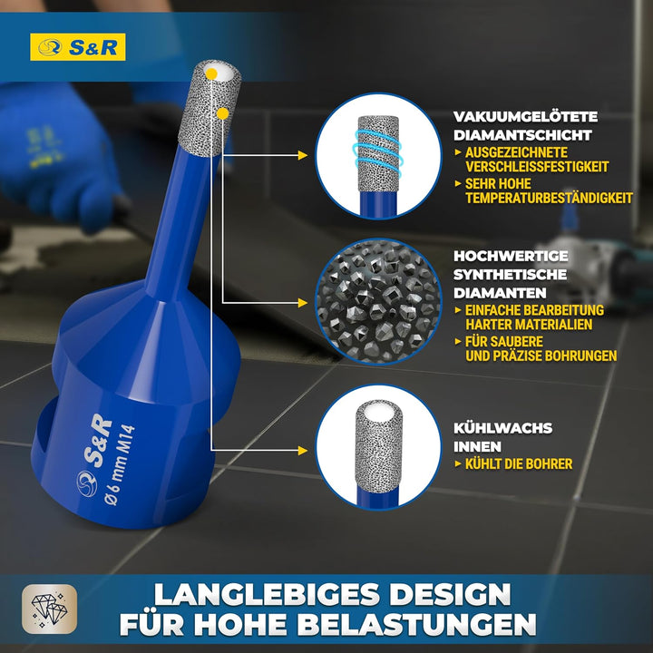 S&R Professional 2-tlg Diamantbohrer M14, Diamant Fliesenbohrer Set 6mm für Winkelschleifer, für Har
