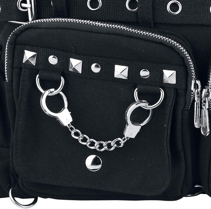 Banned Damen Handtasche mit Handschellen-Details, Rockabilly-Look, Leinwand L Black/Black, L Black/B