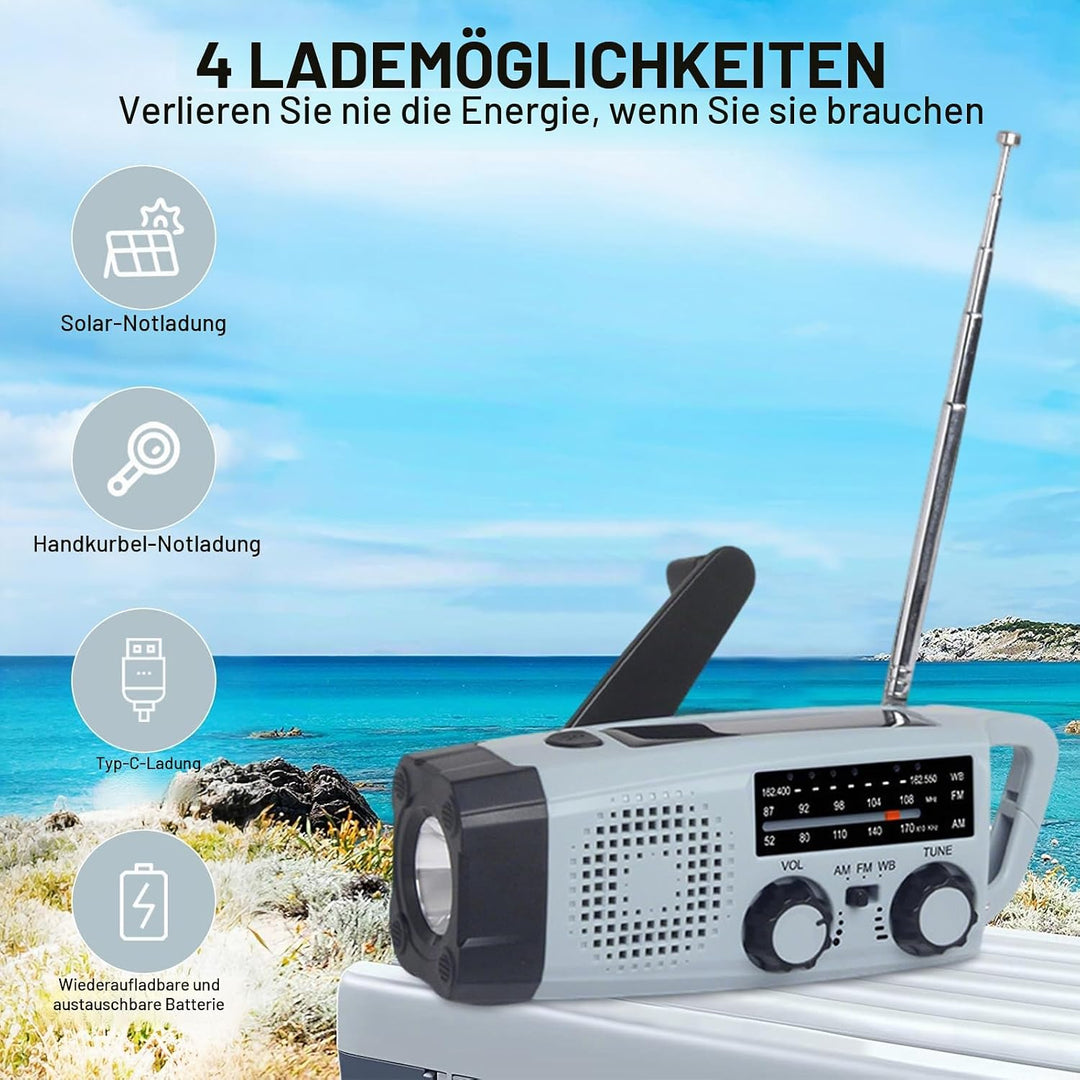 Kurbel Radio, 2000mAh notfallradio mit kurbel und solar AM/FM/SW Radio mit SOS Alarm Taschenlampe, 3