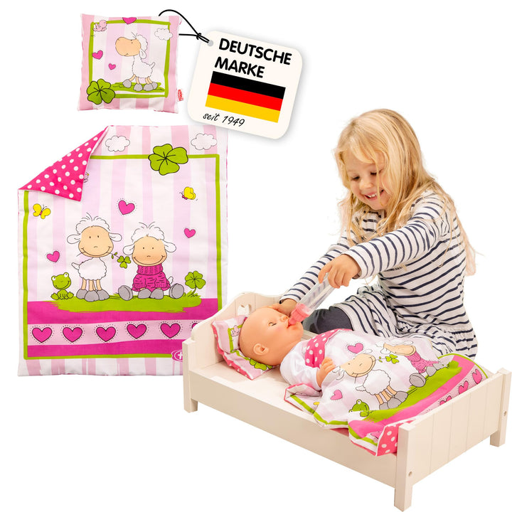 Heless 4000 - Puppenbettdecke "Glücksschäfchen", ca. 45 x 35 cm, mit Kissen ca. 16 x 16 cm