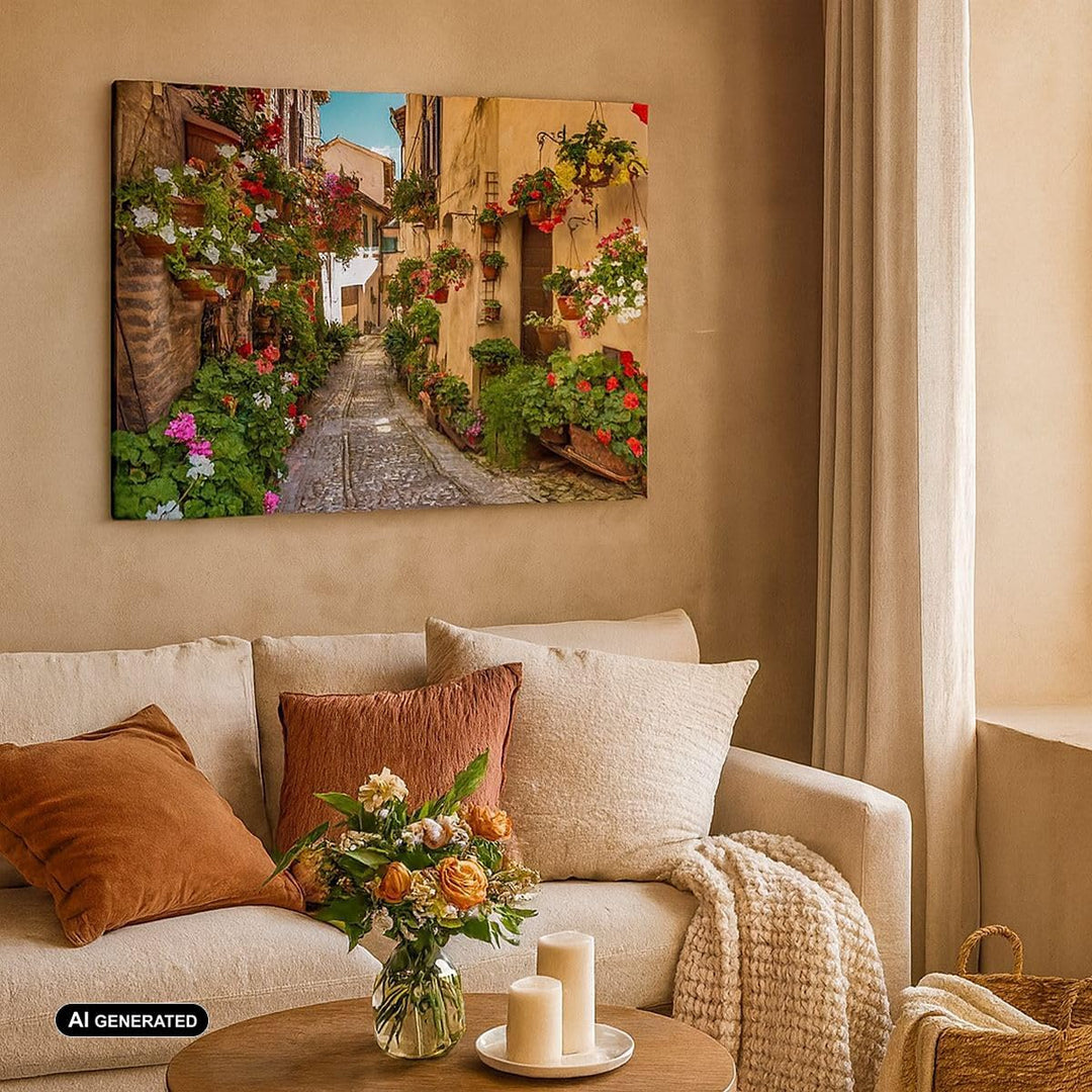 Bilder auf Leinwand Path Blumen Haus Hof Leinwandbild mit Rahmen 70x50cm Wandbilder Dekoration Wohnz