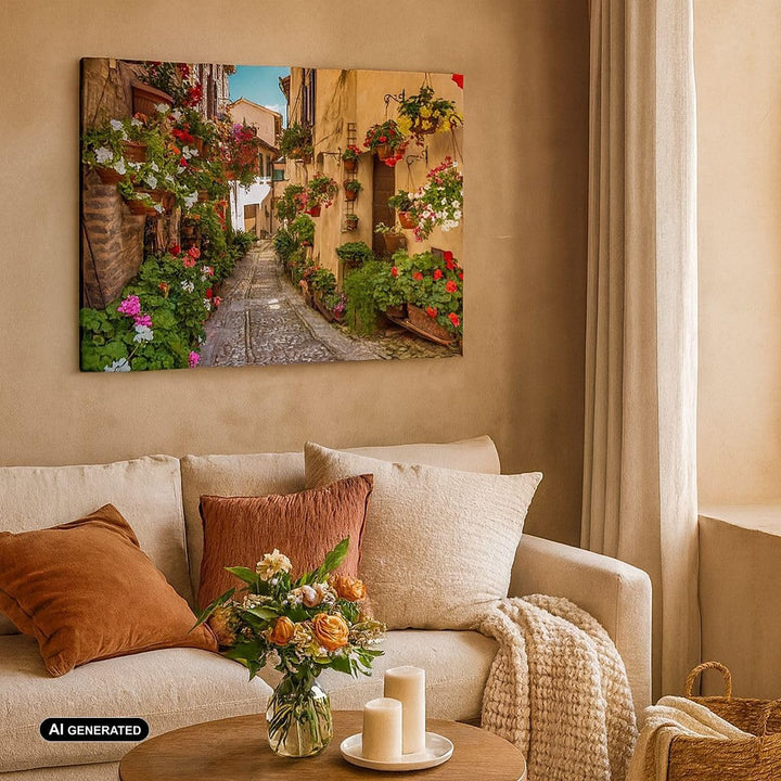 ARTTOR Bilder auf Leinwand 100x70cm Leinwandbild Path Blumen Haus Hof Gross Wanddeko Bild Schlafzimm