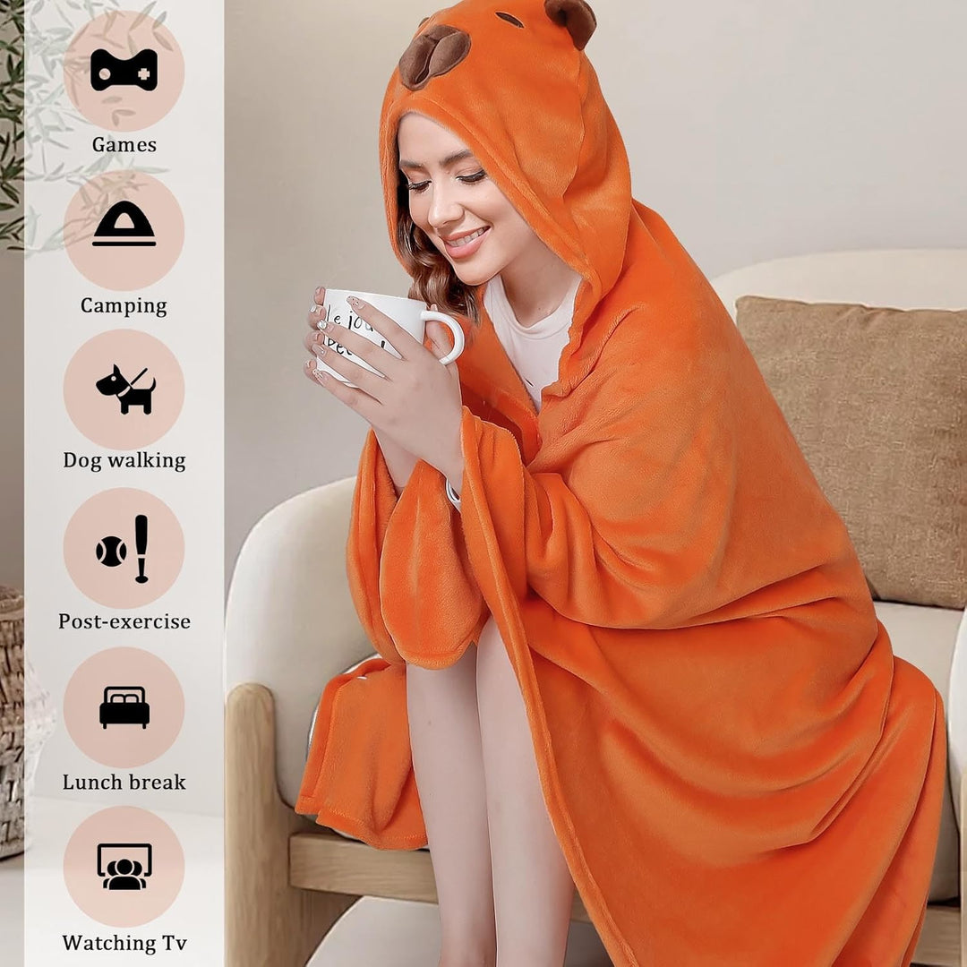 MSISILY Tragbare Decke Hoodie Kuscheldecke Mit Ärmeln, Decke Zum Anziehen Grosse Capybara Decke Gesc