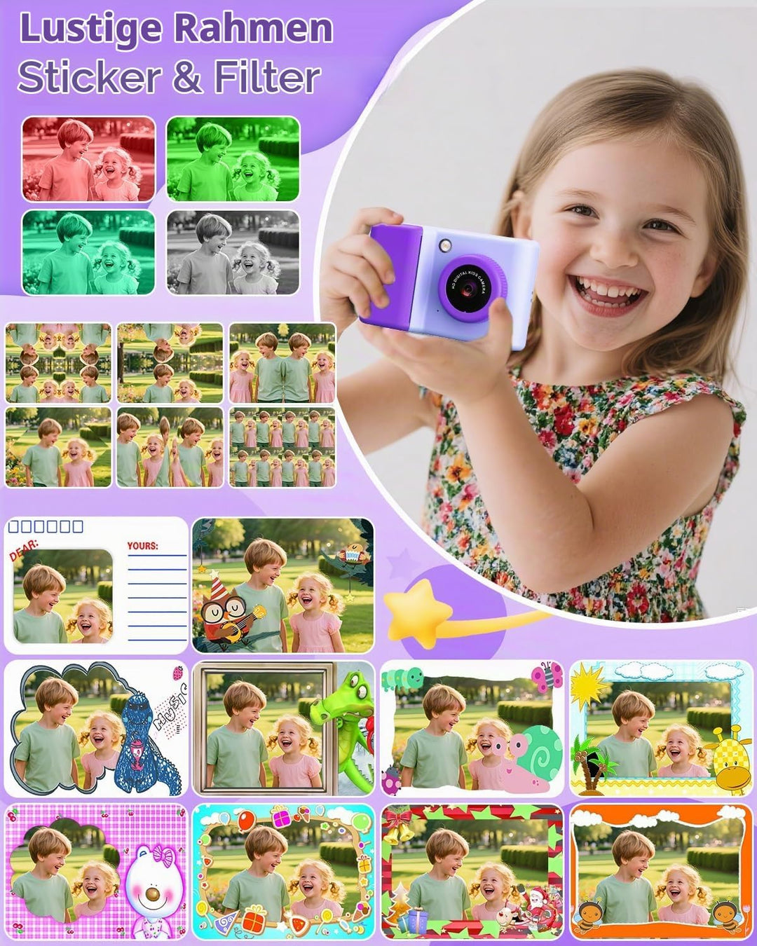 Sofortbildkamera Kinder, 2,4 Zoll Kinderkamera Sofortbildkamera mit LED-Blitz 32GB-Karte Druckpapier