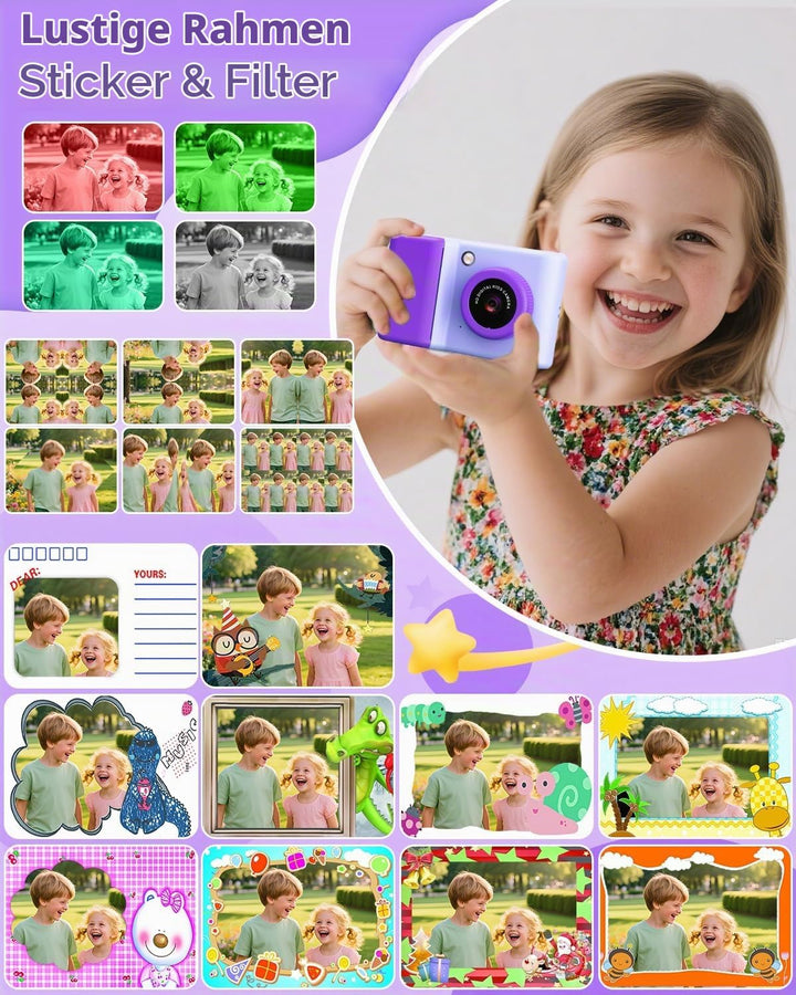 Sofortbildkamera Kinder, 2,4 Zoll Kinderkamera Sofortbildkamera mit LED-Blitz 32GB-Karte Druckpapier